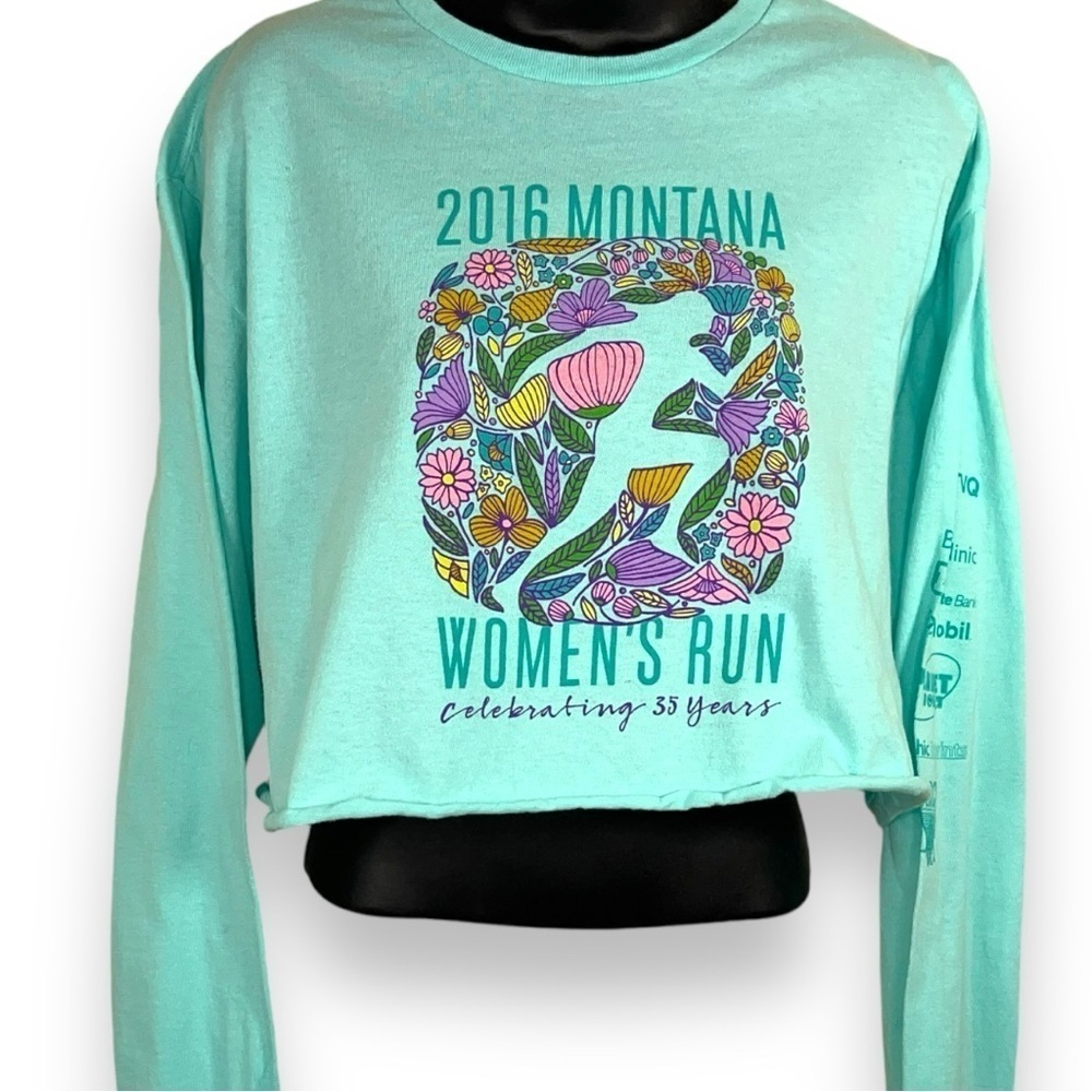 LARGE TEAL COLORFUL 2016 MONTANA WOMENS RUN LONG SLEEVE CROPPED VNECK COTTON